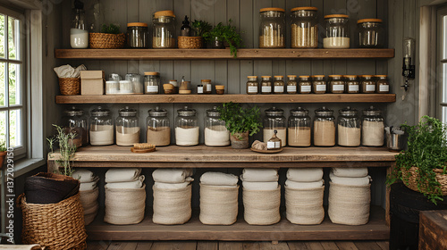 Minimalistisches Vorratsregal mit Gläsern und Körben im Zero-Waste-Stil
