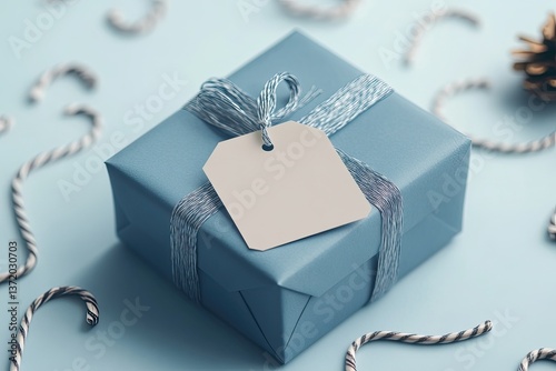 Vibrant Color Visual of Blue Gift Wrapped Box with Blank Tag