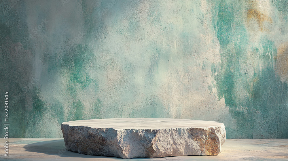 A stone platform in front of a textured wall with shades of blue and white creating a serene backdrop A stone platform in front of a textured wall with shades of blue and white creating a serene backdrop