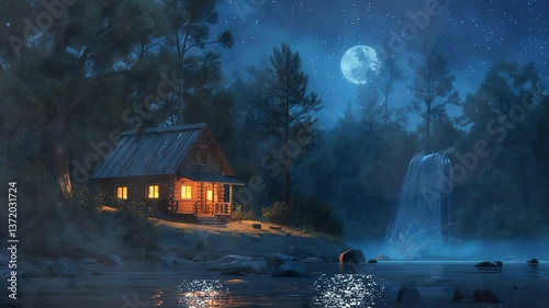 Cozy wooden cabin glowing beside calm river under full moonlight with distant waterfall and pine trees beneath starry night sky. Wilderness nature concept
