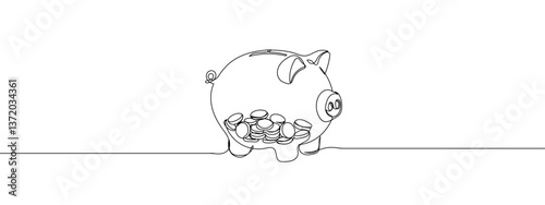 Continuous single line, financial illustration, piggy bank with coins inside. with transparent background editable stroke.