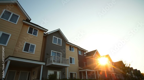 Golden Hour Residential Complex: Modern Multi-Family Housing Units Bathed in Warm Sunset Light