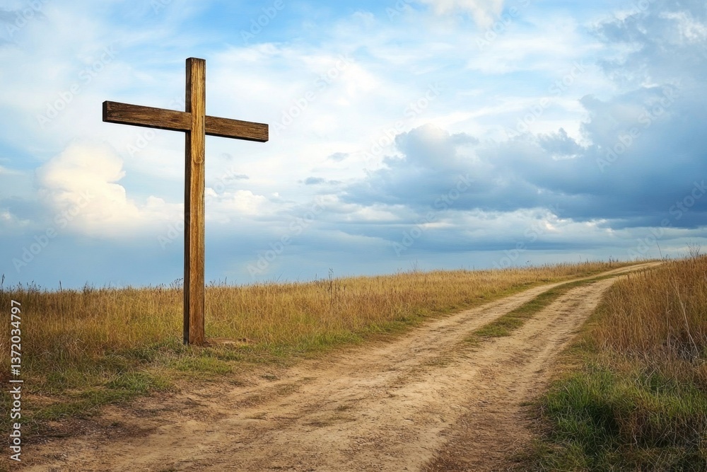 Rustic wooden cross standing on a dirt path amidst open fields under a blue sky Rustic wooden cross standing on a dirt path amidst open fields under a blue sky