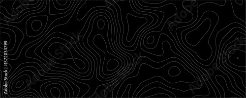 Black Topology and Topography Vector Layered Paper Cutout Abstract Background. Smooth Wavy curve lines banner design vector map seamless pattern. Thin curved wavy lines topology on a black background.