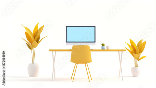 Title: Minimalist Yellow Workspace, Clean Desk Setup