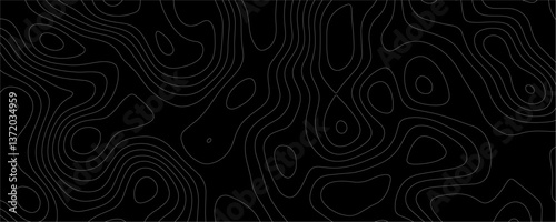 Black Topology and Topography Vector Layered Paper Cutout Abstract Background. Smooth Wavy curve lines banner design vector map seamless pattern. Thin curved wavy lines topology on a black background.