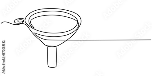 Stainless steel funnel with handle continuous one line drawing, outline, Silver Funnel on white background, Funnel, Sieve and funnel, Hand with sieve. Funnel in background.