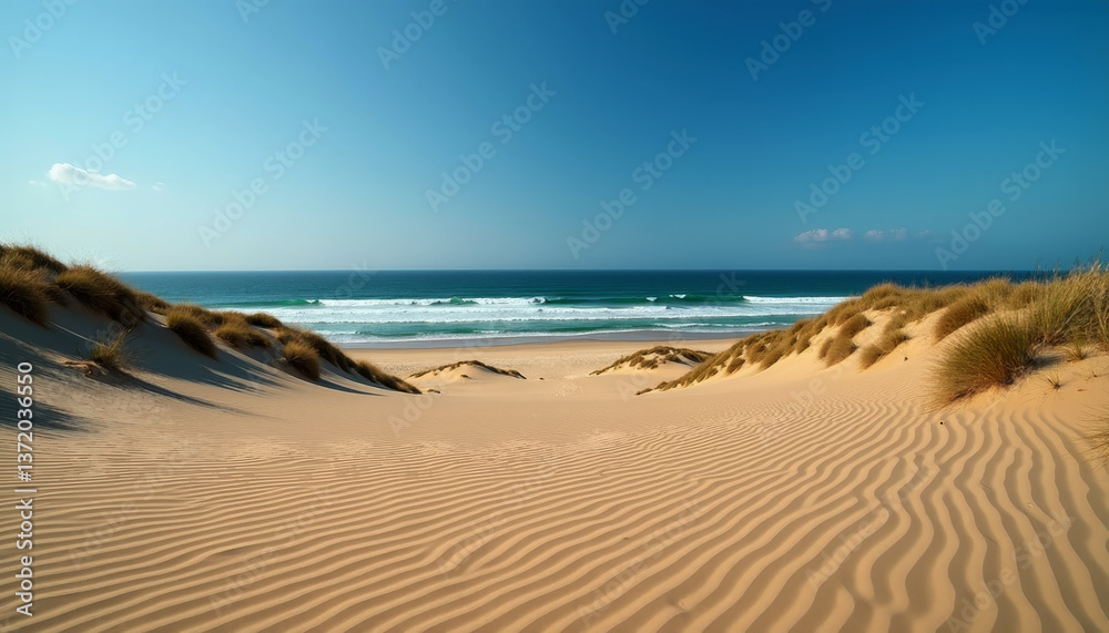 Golden Sand Dunes at Beach with Blue Sky and Ocean View. A sandy beach with sand dunes and a body of water under a blue sky. Golden Sand Dunes at Beach with Blue Sky and Ocean View. A sandy beach with sand dunes and a body of water under a blue sky.