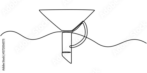 Stainless steel funnel with handle continuous one line drawing, outline, Silver Funnel on white background, Funnel, Sieve and funnel, Hand with sieve. Funnel in background.