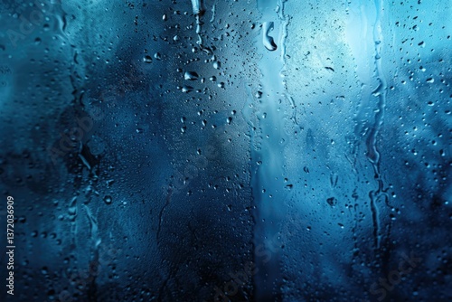 Flawless Visual of a Blue Glass Window with Water Drops on it
