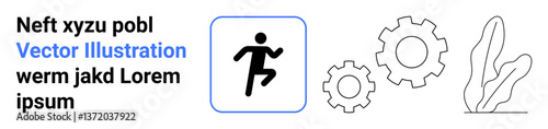 Minimalistic person running icon paired with gears and plant outline to convey action, productivity, and growth. Ideal for technology, fitness, teamwork, process, vitality, balance simple landing