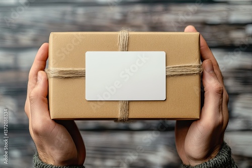 Mans Hands Holding a Kraft Gift Box with White Label for Ecommerce or Small Business
