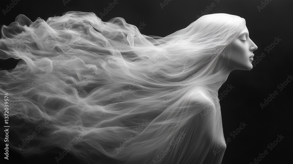 Ethereal woman formed by flowing fabric in black and white