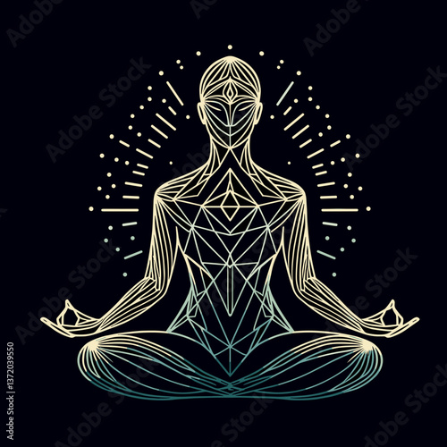 Geometric illustration of a meditating figure with energy lines in gradient colors