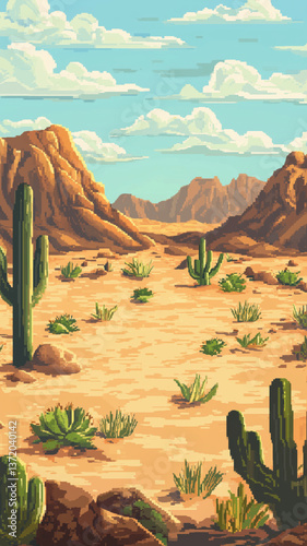 Vibrant pixel art desert landscape phone wallpaper with cacti and mountain ranges.

