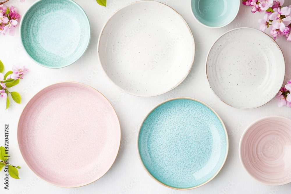 Ceramic set in soft pink, white, and baby blue arranged on a linen tablecloth for a peaceful pastel home decor experience in a serene dining setting Ceramic set in soft pink, white, and baby blue arranged on a linen tablecloth for a peaceful pastel home decor experience in a serene dining setting