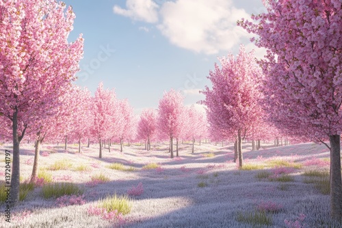 Blossoming cherry trees create a stunning pink landscape in springtime park