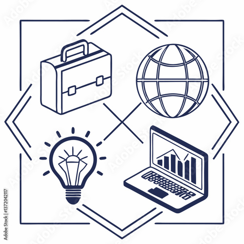 Business Icon with suitcase, laptop, lightbulb, and globe element 