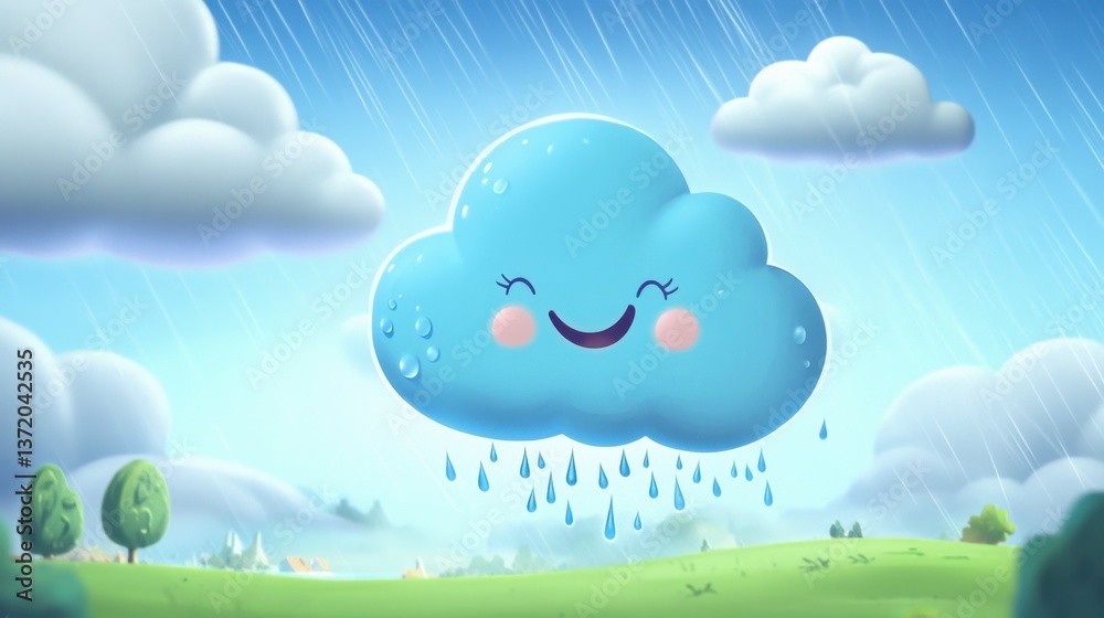Cute Blue Cloud with Happy Face and Raindrops in a Bright Sky Cute Blue Cloud with Happy Face and Raindrops in a Bright Sky