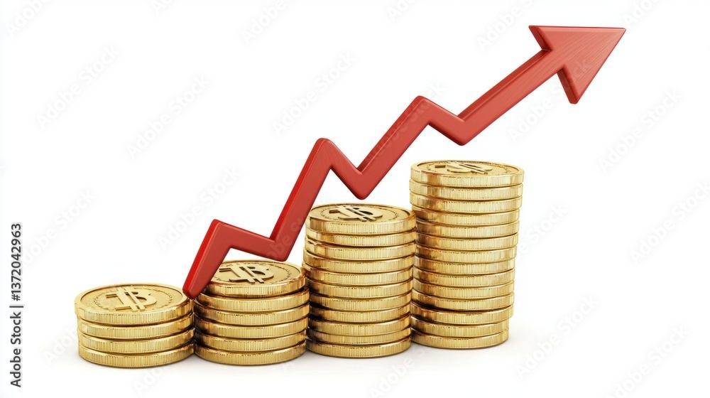 Growth of Investment with Stacks of Coins and Rising Arrow Graphic