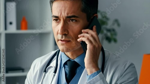 Doctor engaged in serious phone conversation in a modern medical office