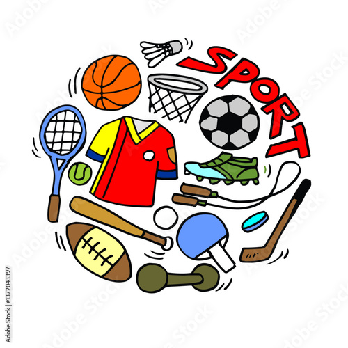 Set of Doodles About Sports Equipment hand drawn sketch photo