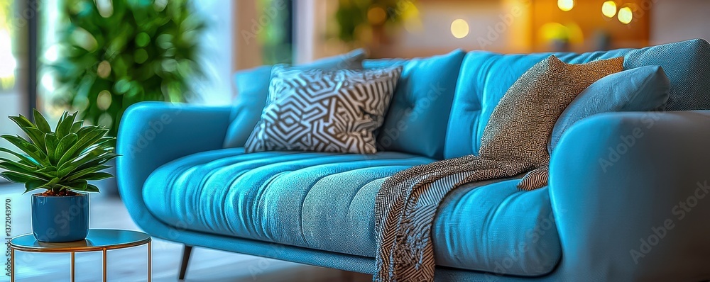 Obraz premium Modern living room interior featuring a turquoise sofa adorned with cushions and a cozy throw, complemented by a potted plant.