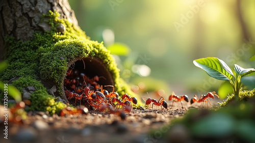 red ants with green moss on the tree