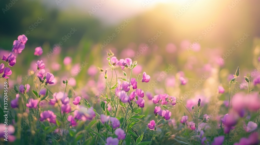 Naklejka premium Beautiful Spring Field with Delicate Purple Flowers at Sunset