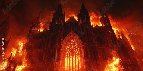 A Dark Gothic Cathedral with Flaming Torches for Gothic, Architectural, and Mystical Design Projects photo