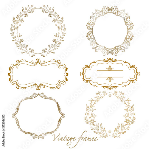 Set of vintage frames. Golden frames. Invitation, label, template 