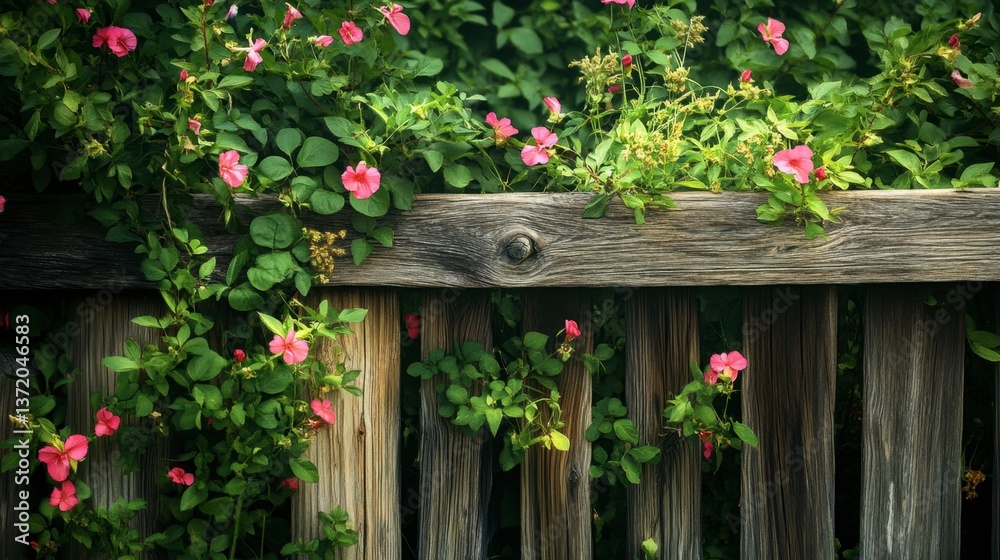 Fototapeta premium Vibrant Pink Flowers Climbing Along a Wooden Garden Fence