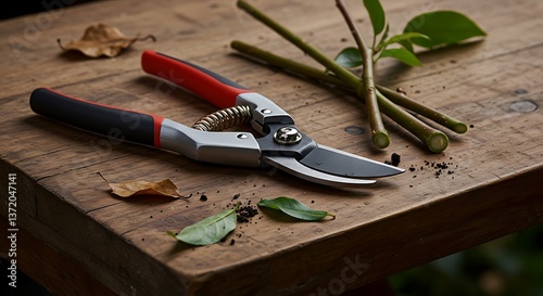 Pruning Shears and Fresh Cuttings on Rustic Wood Surface for Gardening