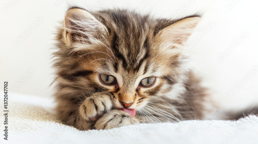 Adorable fluffy kitten grooming itself with pink tongue on fabric