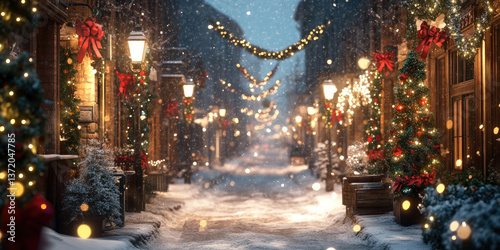 A Charming Old-Fashioned Street Decorated for Christmas with Lights and Snow for Festive, Holiday, or Winter Design Projects photo