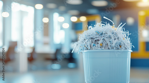Pile of shredded paper documents in a waste bin container. Printing press Industrial mulcher shedder paper in a trash can. Ecofriendly recycling bin filled with shredded cardboard in a waste compactor