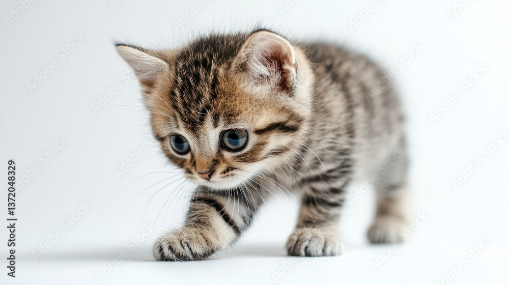 Fototapeta premium Playful Tabby Kitten Exploring a Light Background with Curiosity