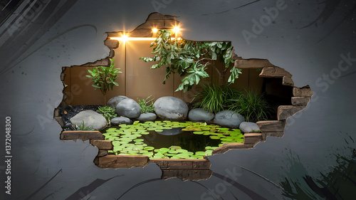 Miniature garden pond wall-mounted rustic zen-like nature-inspired