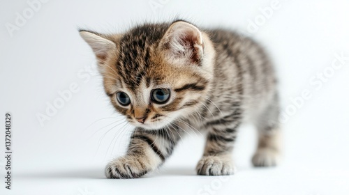 Playful Tabby Kitten Exploring a Light Background with Curiosity
