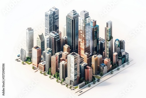 Isometric Cityscape with Modern Skyscrapers Isolated on the White Background