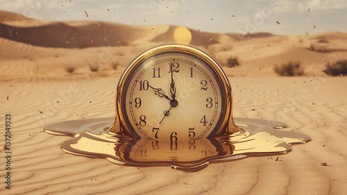 Melting gold clock in a desert landscape Time running out Ephemeral moments