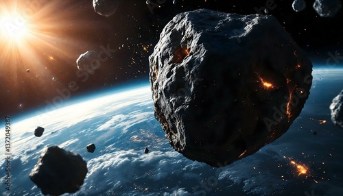 A massive asteroid approaches Earth, burning intensely as it enters the atmosphere. Fiery trails and glowing fragments create a cinematic, dramatic scene.