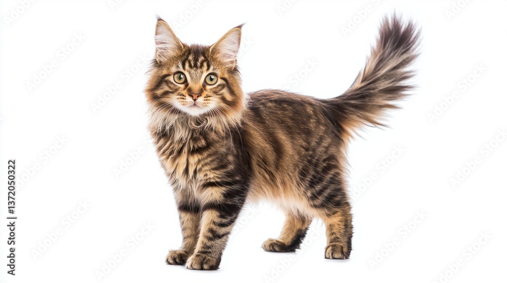 Obraz premium Playful Maine Coon Cat Standing with Curled Tail and Bright Eyes