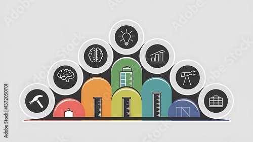 Colorful abstract cityscape with circular icons representing innovation, ideas, and architectural concepts.