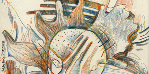 Surrealistic illustration - flower and a face - hand-drawn colorful pencil drawing on paper texture. Original artwork concept introspection - psychology article banner