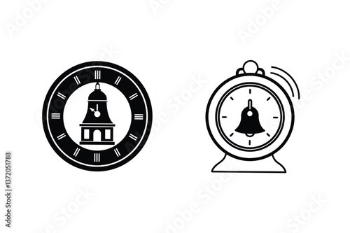 Clock Icons Time, Bell, Alarm, Vintage, Modern, Design, Black, White, Simple, Vector