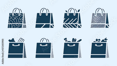 Shopping bags with various patterns and designs, representing retail and consumerism.