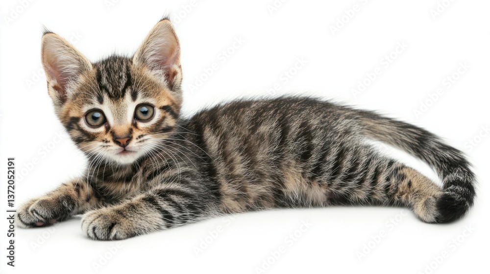 Fototapeta premium Adorable Tabby Kitten Relaxing on White Background