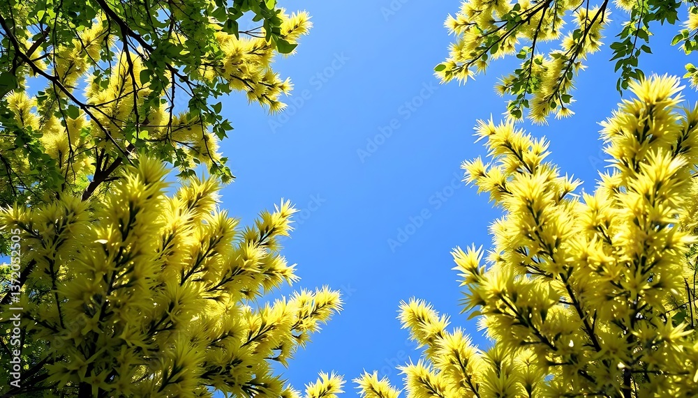 Blossoming Branches Frame a Vibrant Blue Sky: A View to Spring. Blossoming Branches Frame a Vibrant Blue Sky: A View to Spring.
