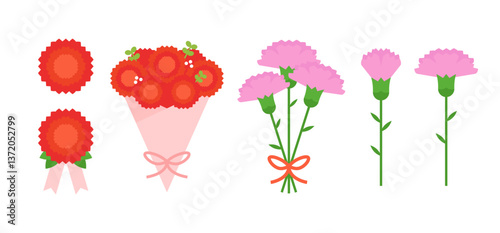 Carnation flowers and bouquets illustration. A symbol of appreciation for parents and teachers. Flat vector isolated clipart on white background.